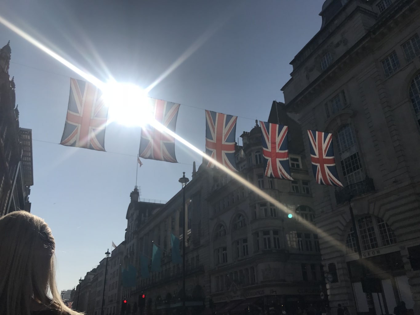United Kingdom flags hung across a street.