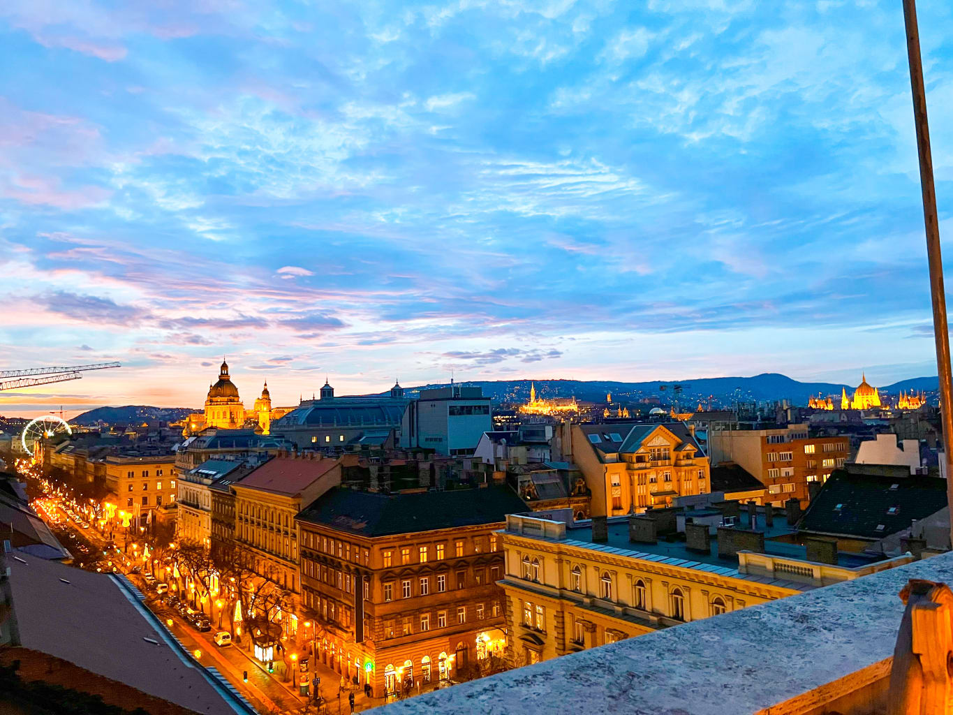 A view of the Budapest cityscape during the evening.
