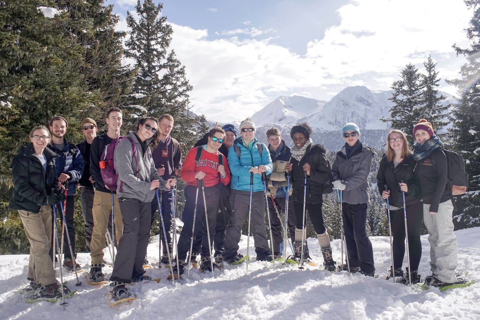 Group of students on a ski mountain in ski gear.