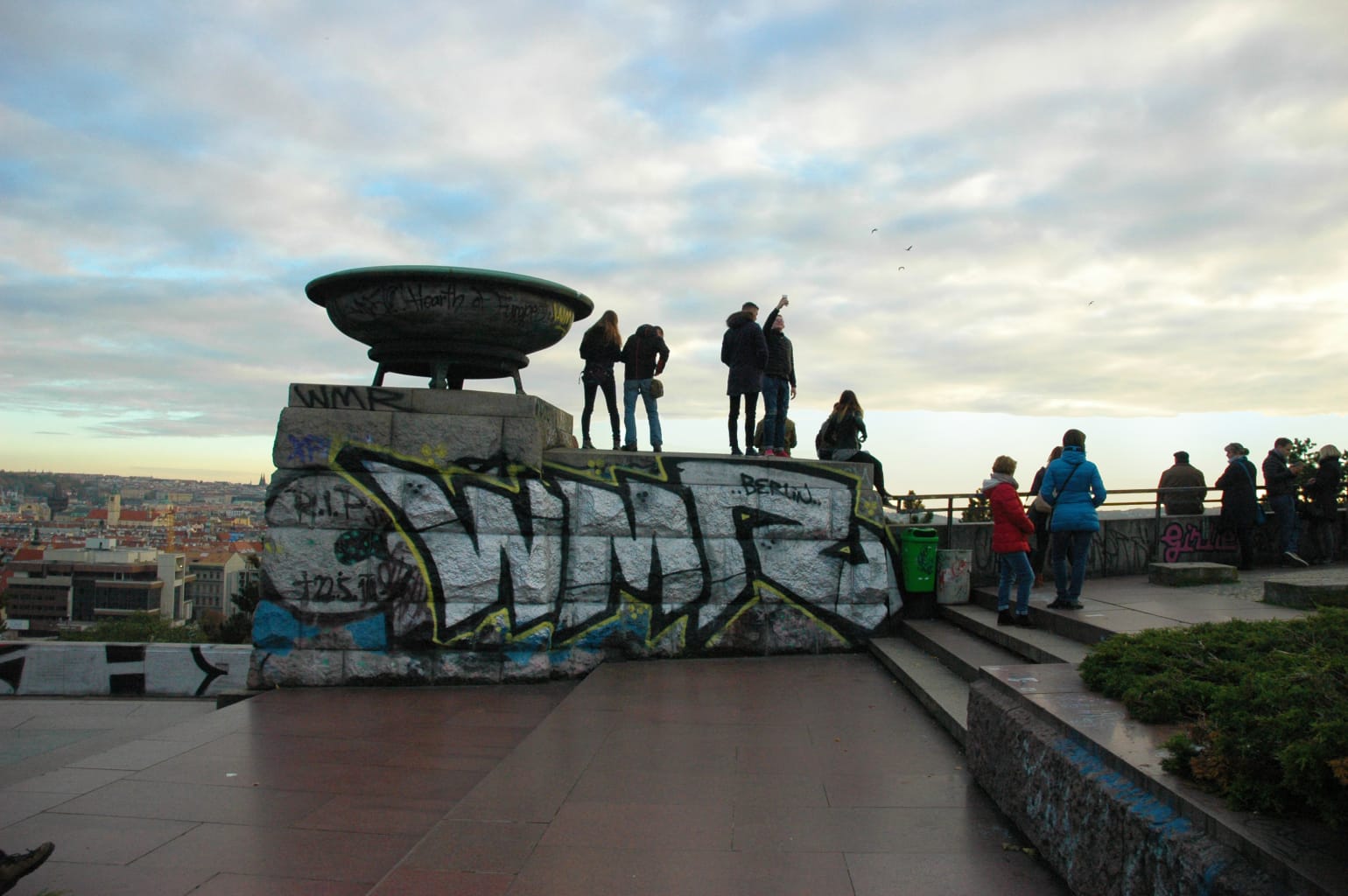 Students at the top of a building in Prague.