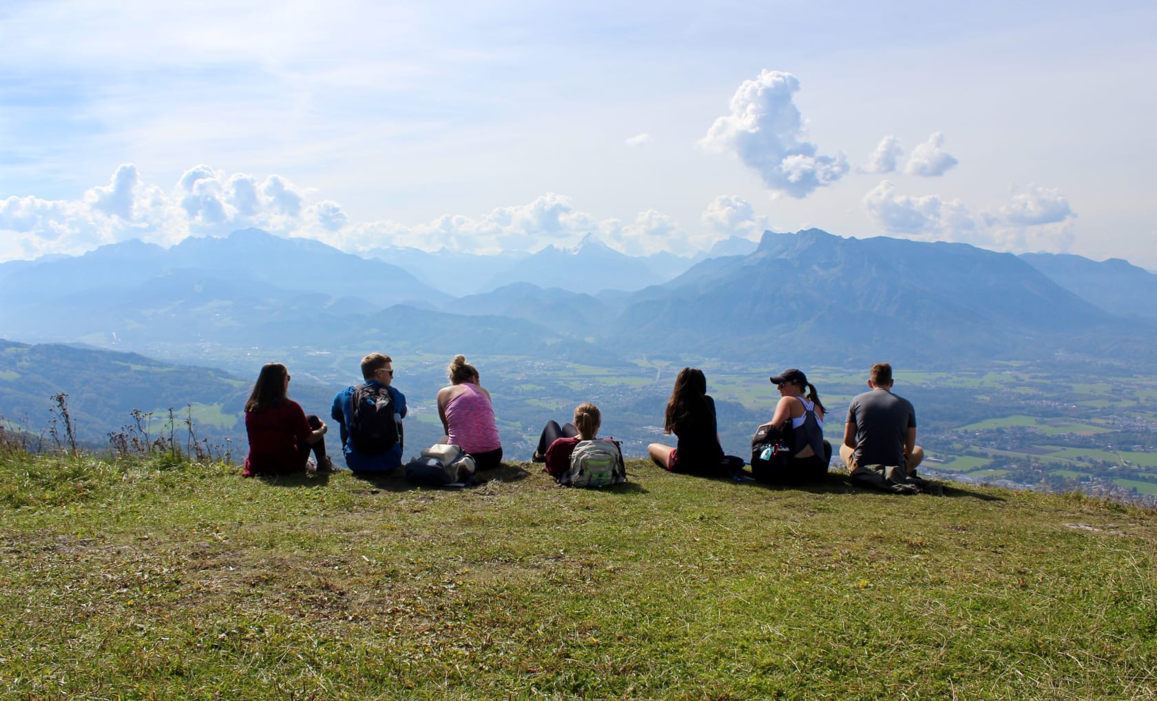 A group of students looking at Gaisberg Mountain in Austria.