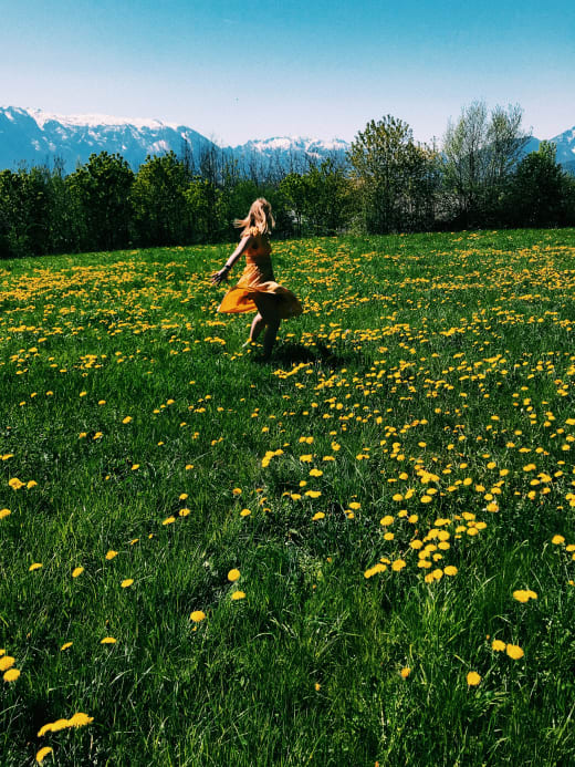 A student walking through a field of yellow flowers.