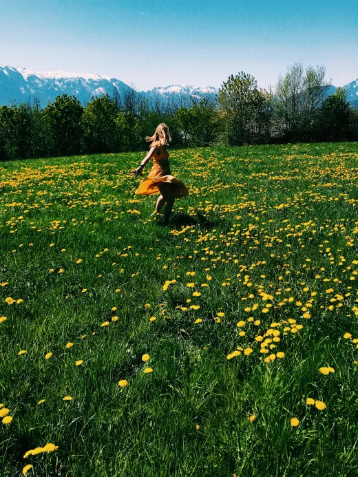 A student walking through a field of yellow flowers.