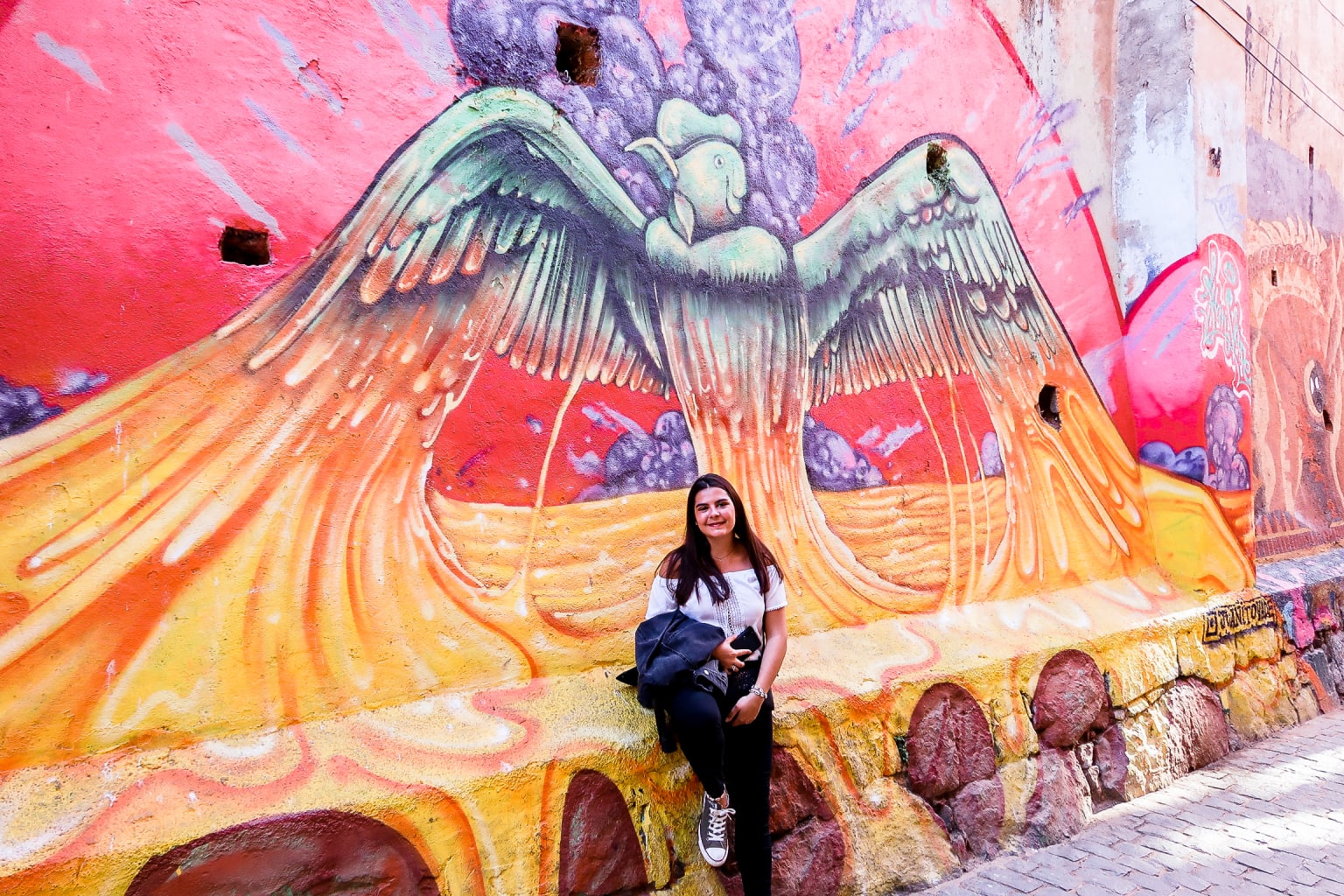 A student sitting in front of a colorful mural.