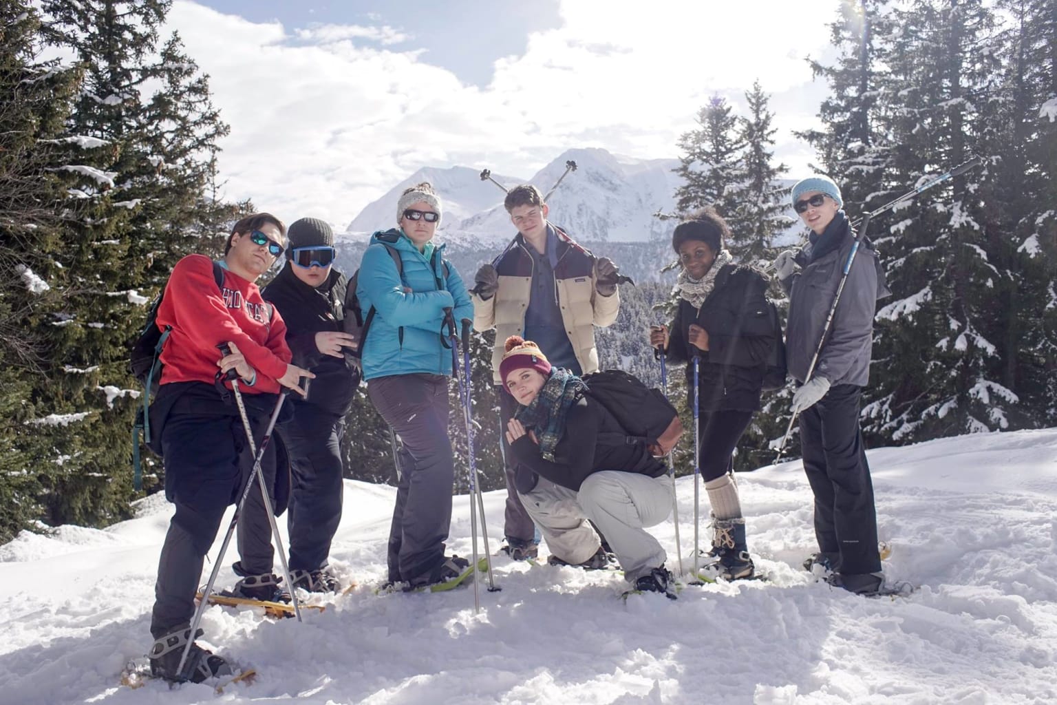 A group of students skiing in the French Alps.
