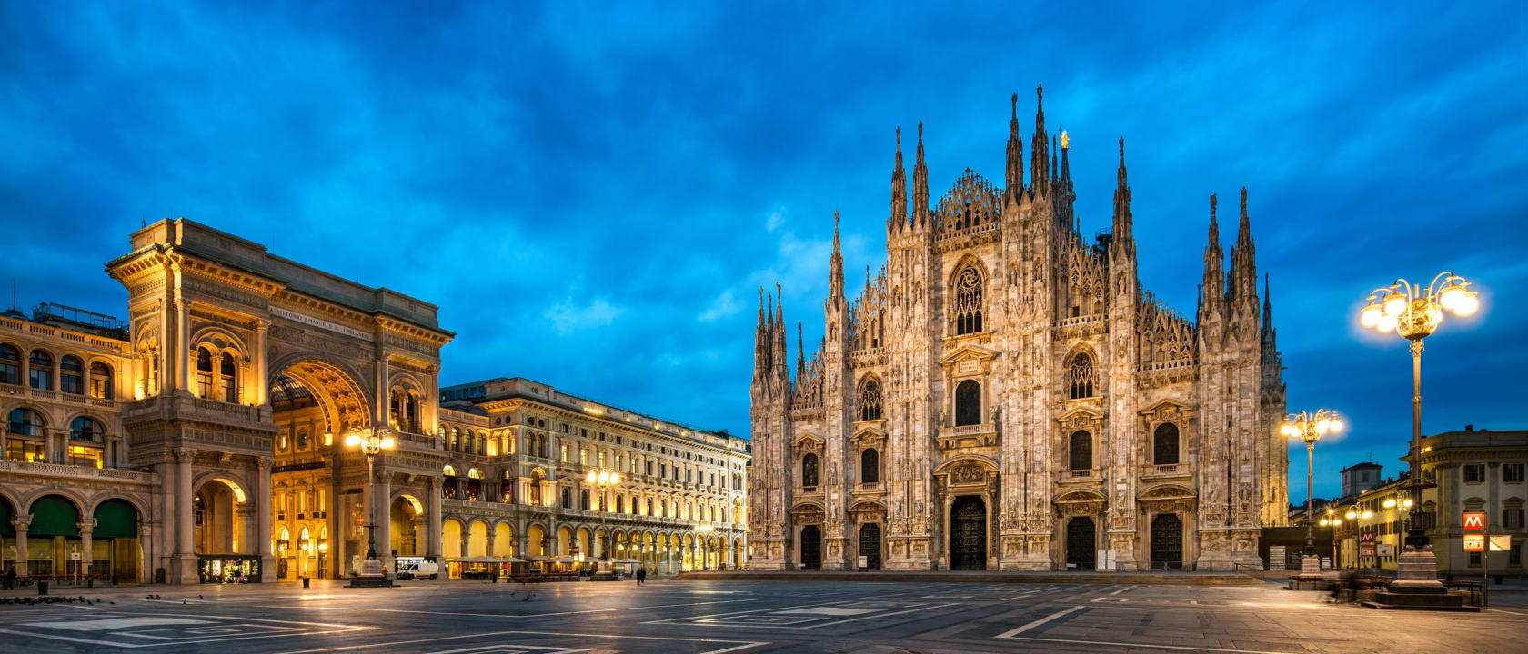 The Duomo in Milan, Italy, at night.