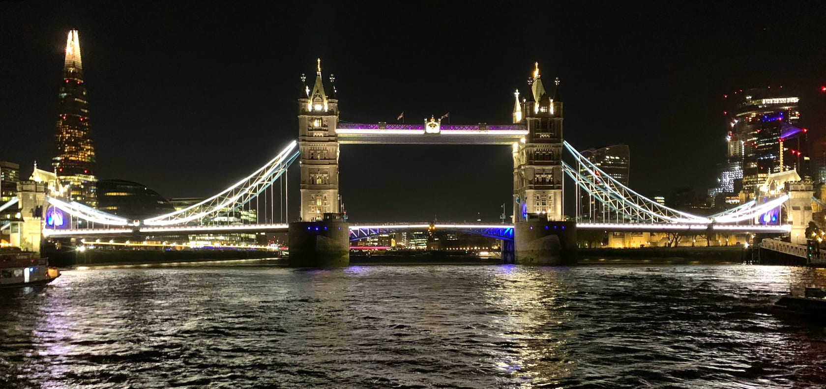 The Tower Bridge in London at night.