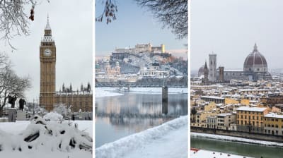 Winter scenes in London, England; Salzburg, Austria; Florence, Italy