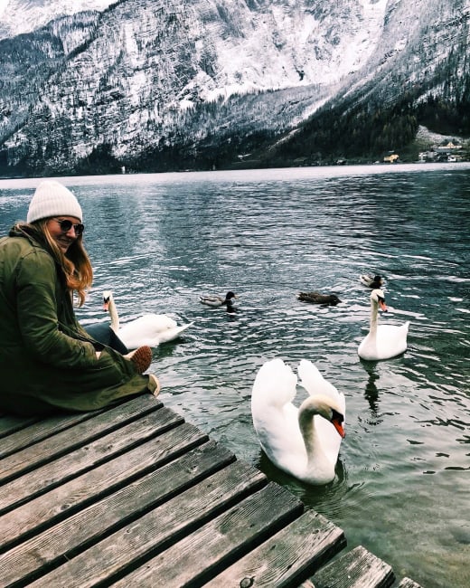 A student watching swans in the water in Austria.