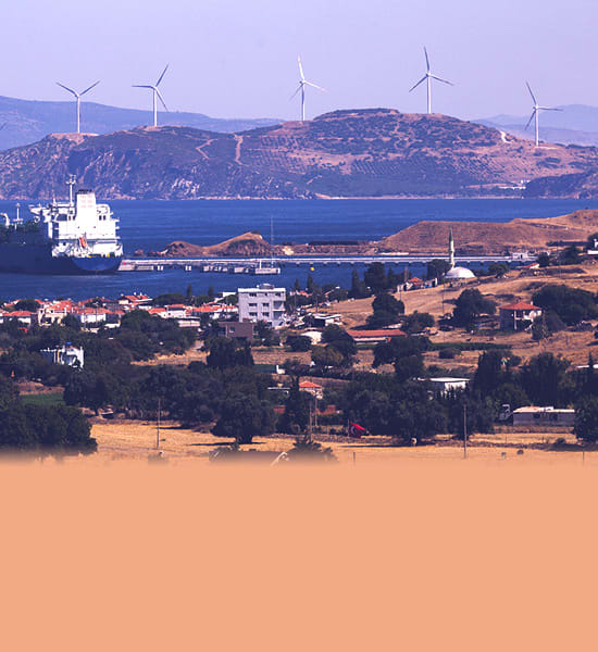 A landscape with wind turbines.