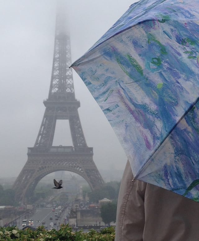 A student under an umbrella, looking towards the Eiffel Tower.