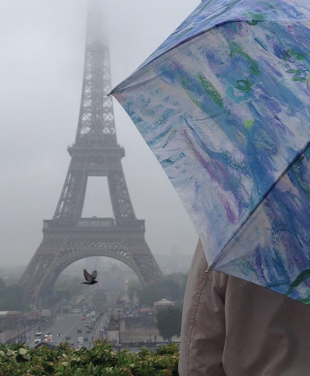 A student under an umbrella, looking towards the Eiffel Tower.