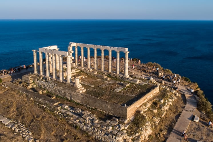 An aerial view of Cape Sounion, Greece.