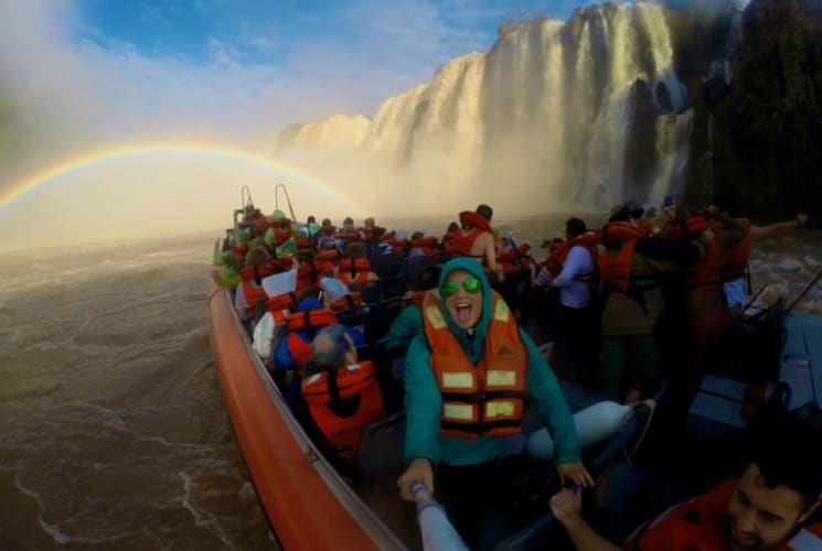 A group of students on a boat at Iguazu Falls.