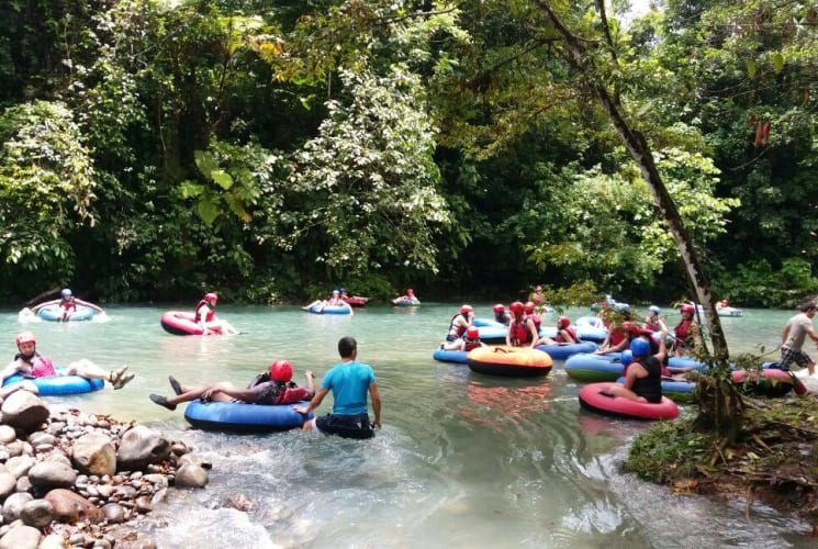 Students on rafts in a river in Costa Rica.