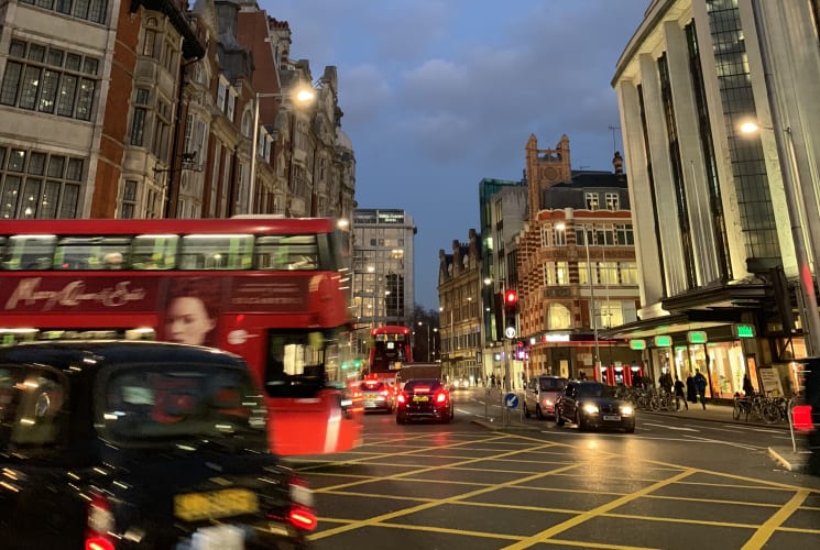 The streets of London during the evening.