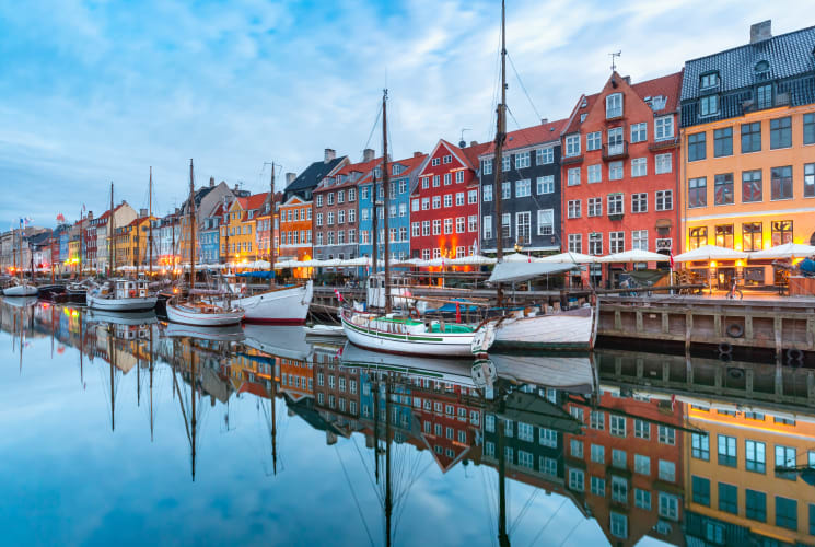 Colorful buildings on a waterfront in Copenhagen.