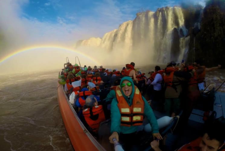 A group of students on a boat at Iguazu Falls.
