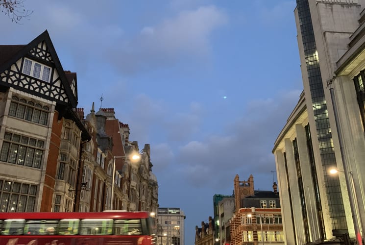 The streets of London during the evening.