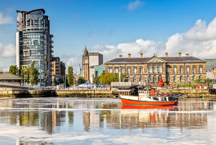 View from the Lagan River in Belfast, Northern Ireland.